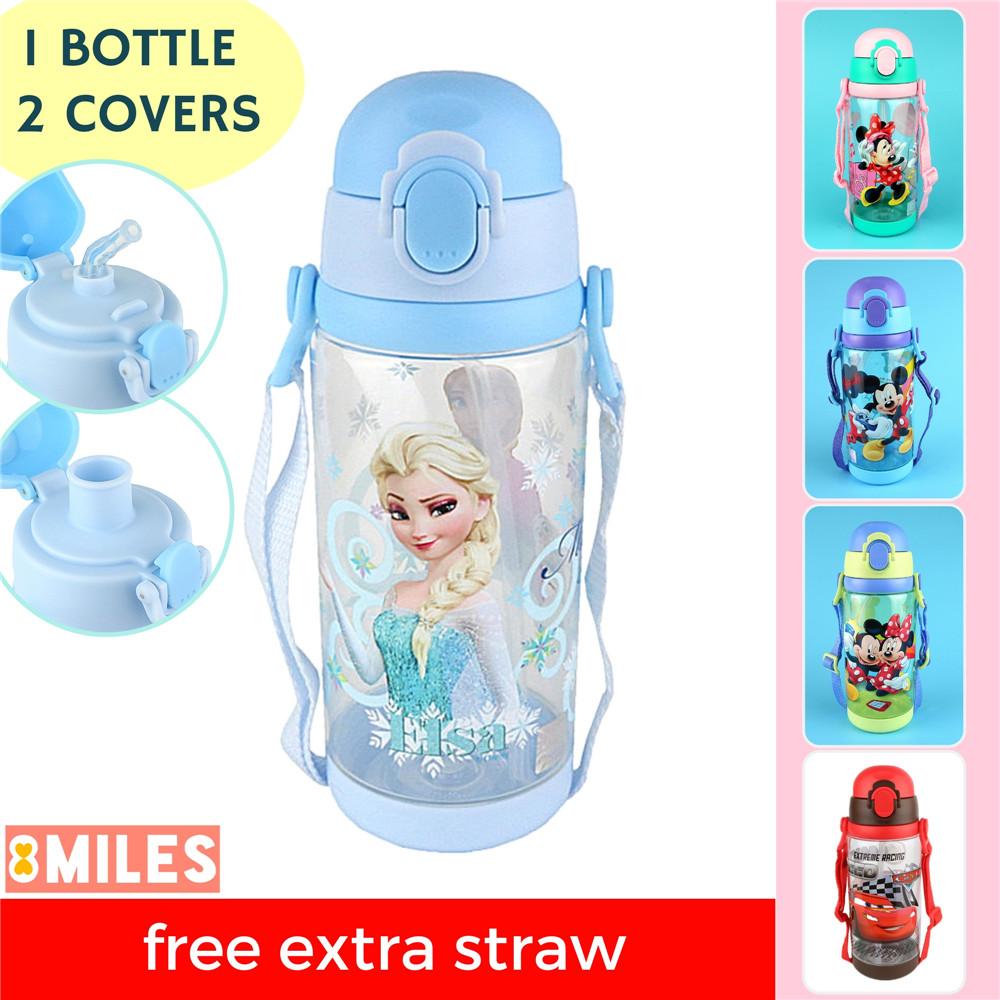 Leakproof Disney Tritan BPA Free Water Bottle 2-Straws Shoulder Strap Kids Baby