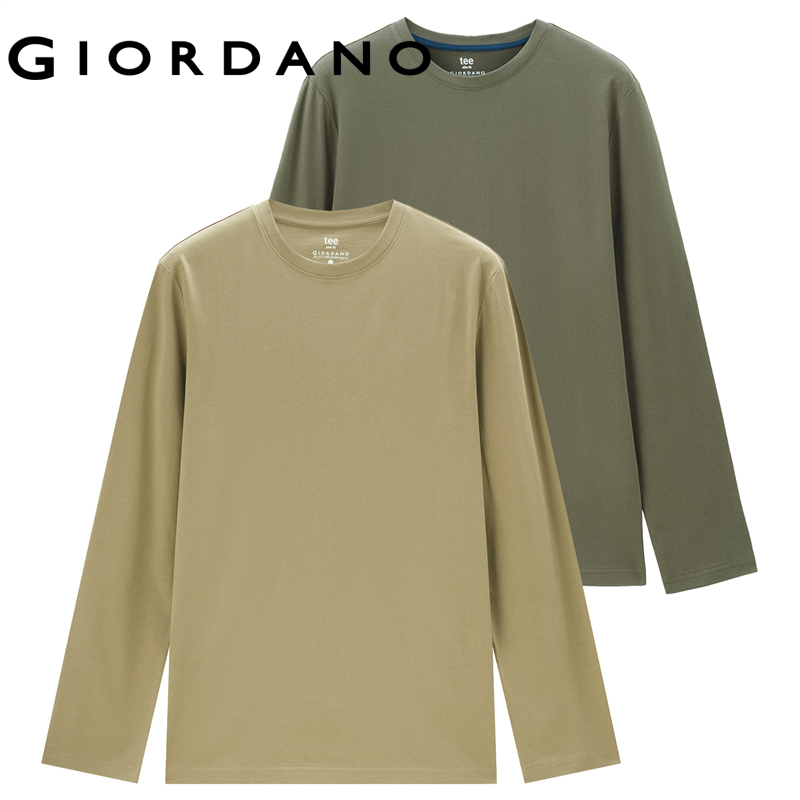 Giordano men t-shirts 2-pack solid color simple basic tee crewneck long sleeve 100% cotton fashion casual tshirts 18023811