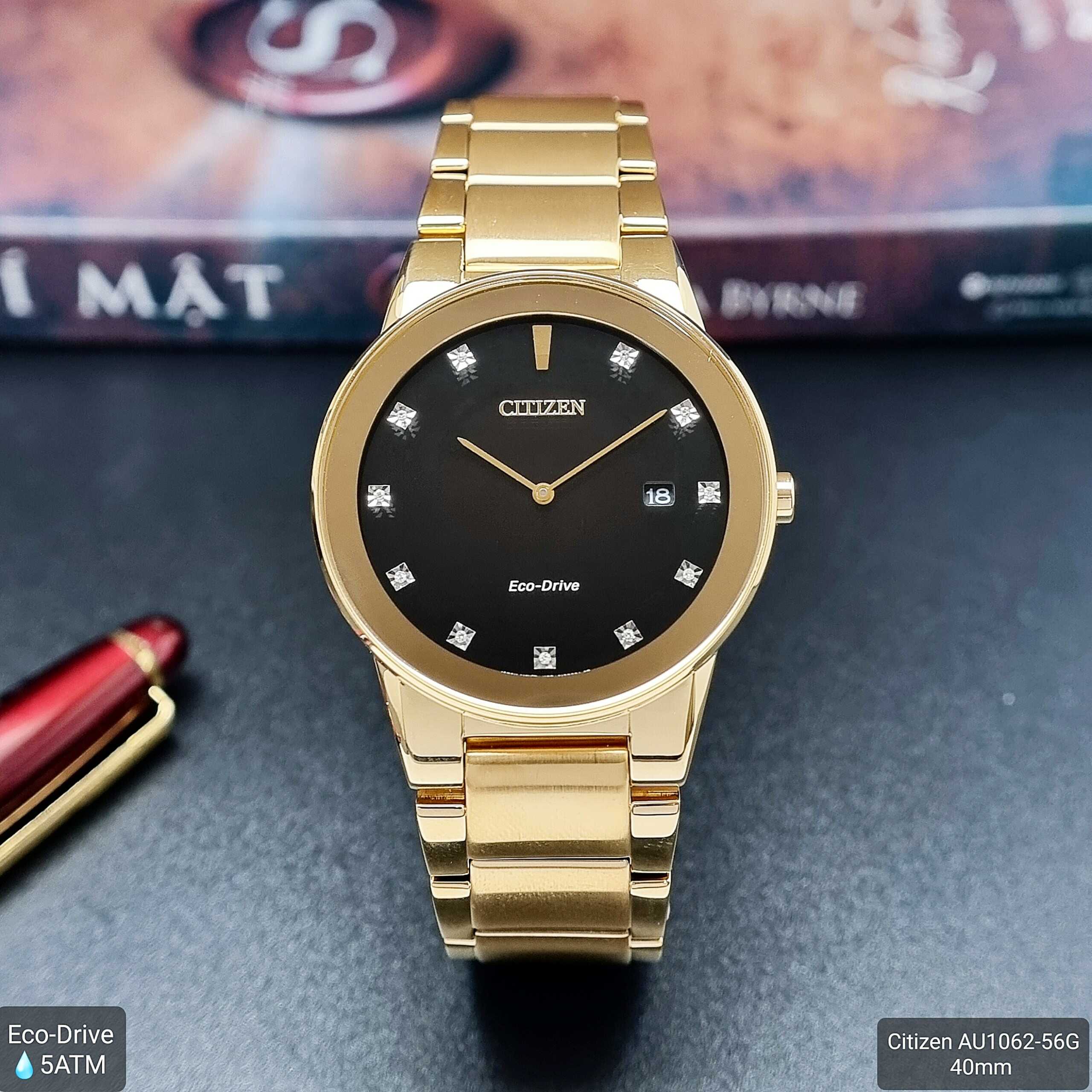 Đồng hồ nam citizenh au1062-56g pin eco-drive dây sắt vàng mặt đen diamond