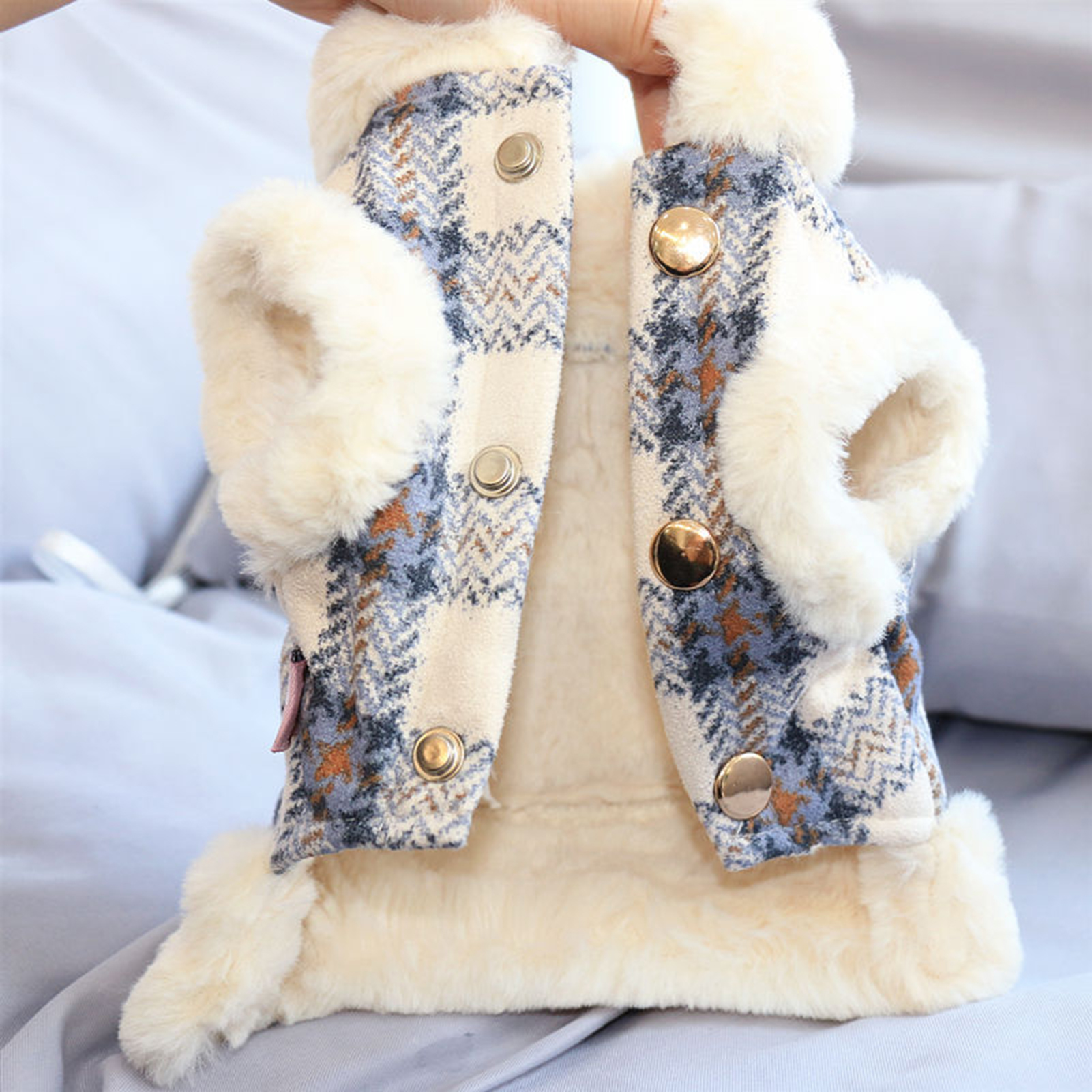 Pet country Pet Clothes Pet Clothes with Plush Embellishments Plaid Print Pet Vest Keep Your Pet Warm in Winter