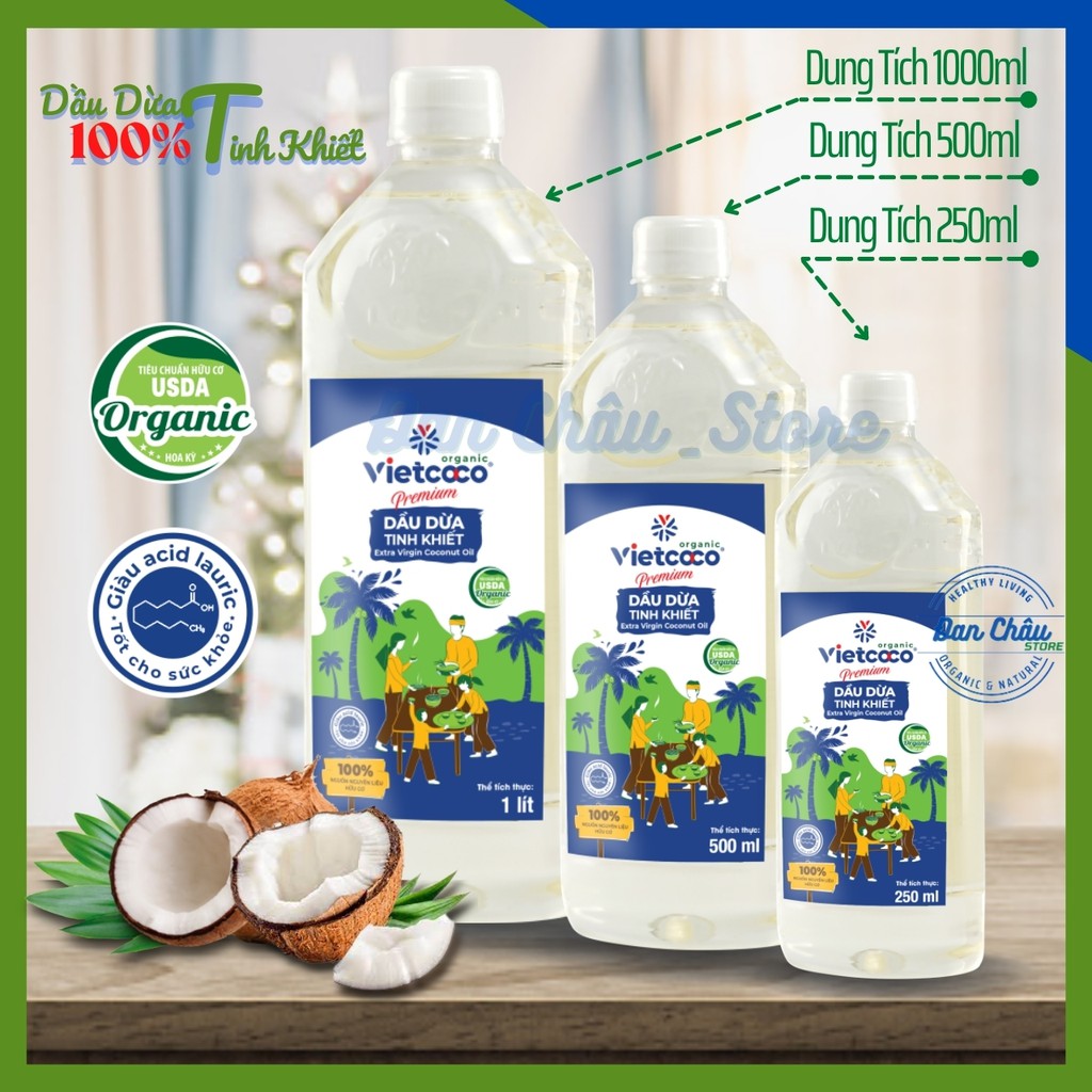 Dầu Dừa Tinh Khiết - Organic Vietcoco: 1lit - 500ML - 250ML