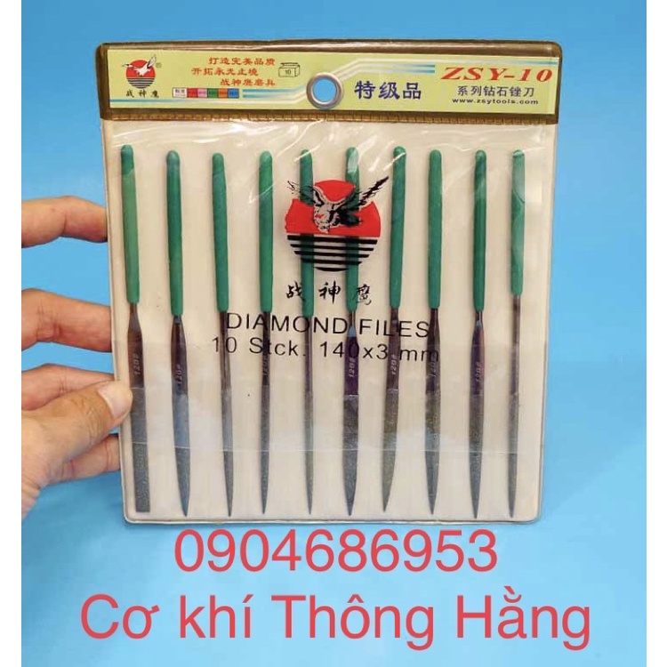 Bộ dũa kim cương 10 chi tiết đủ các hình chuyên dũa khuôn, dũa kim loại, hàng Đài Loan cán xanh