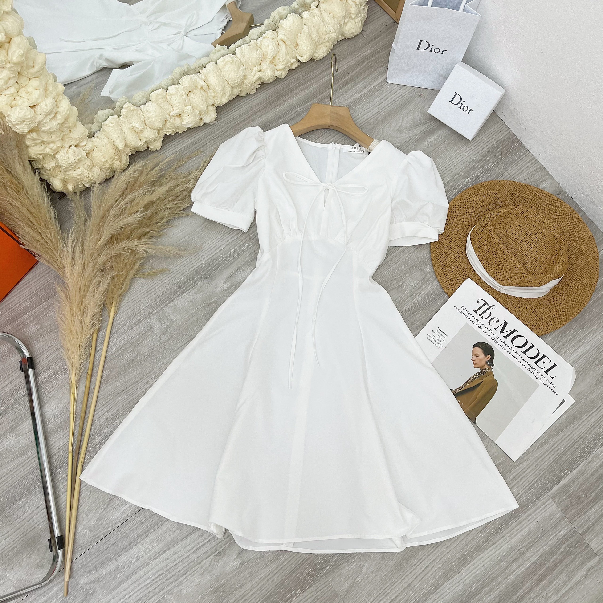 VÁY THÔ REN TRẮNG CỔ V CÚC NGỌC 2 LỚP