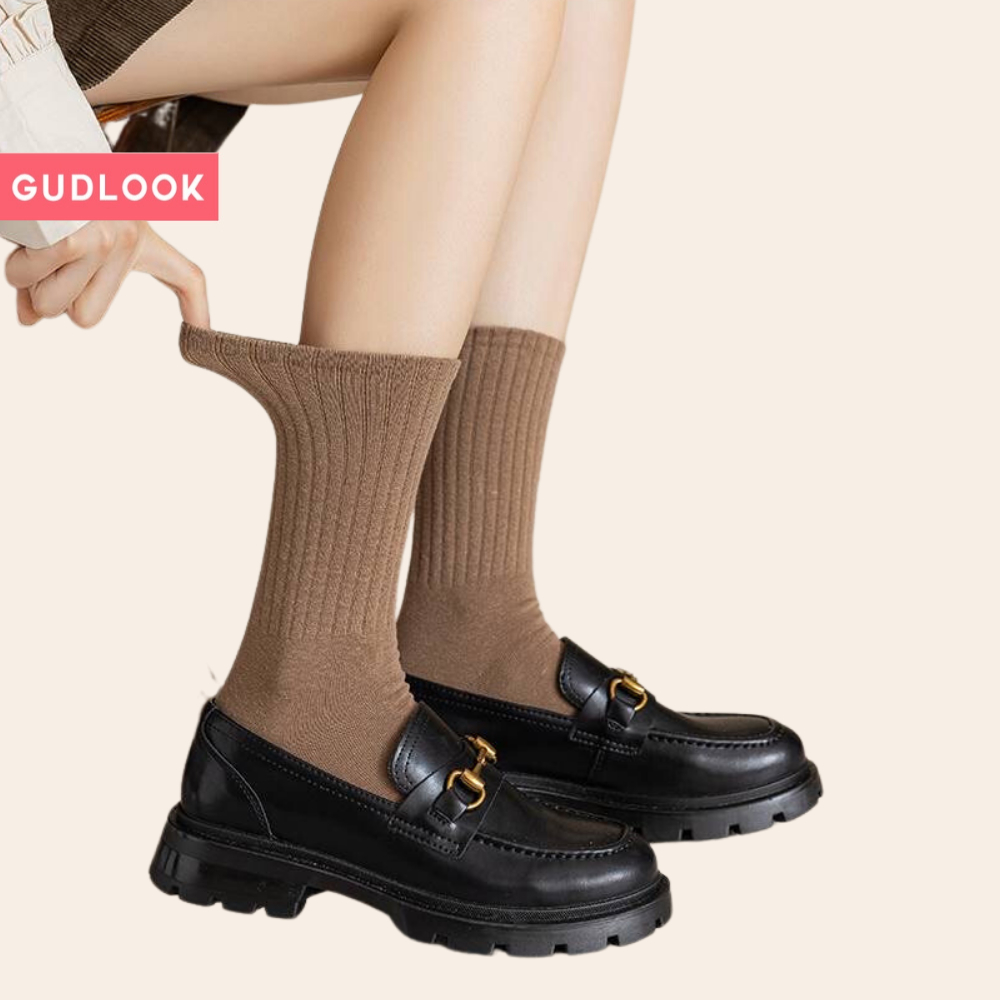 Set 5 đôi tất cao cổ màu basic gudlook gân tăm vintage