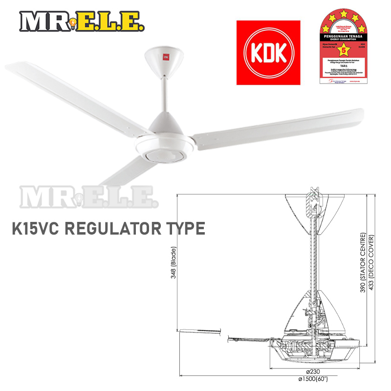 KDK 60'' Ceiling Fan K15VO K15VC White 3 Blades Regulator Ceiling Fan