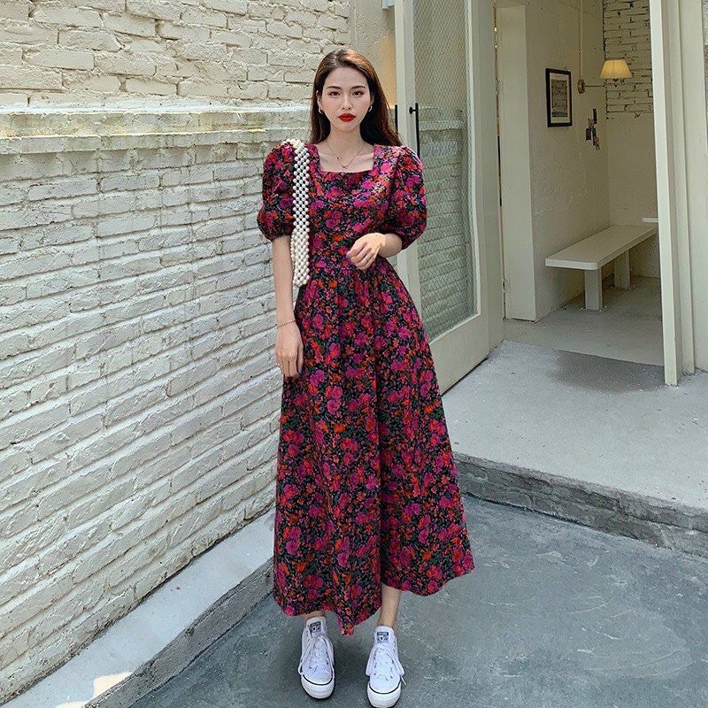 Đầm maxi tay ngắn cổ vuông xoè phồng lụa hoa tripble t dress -ms31mt