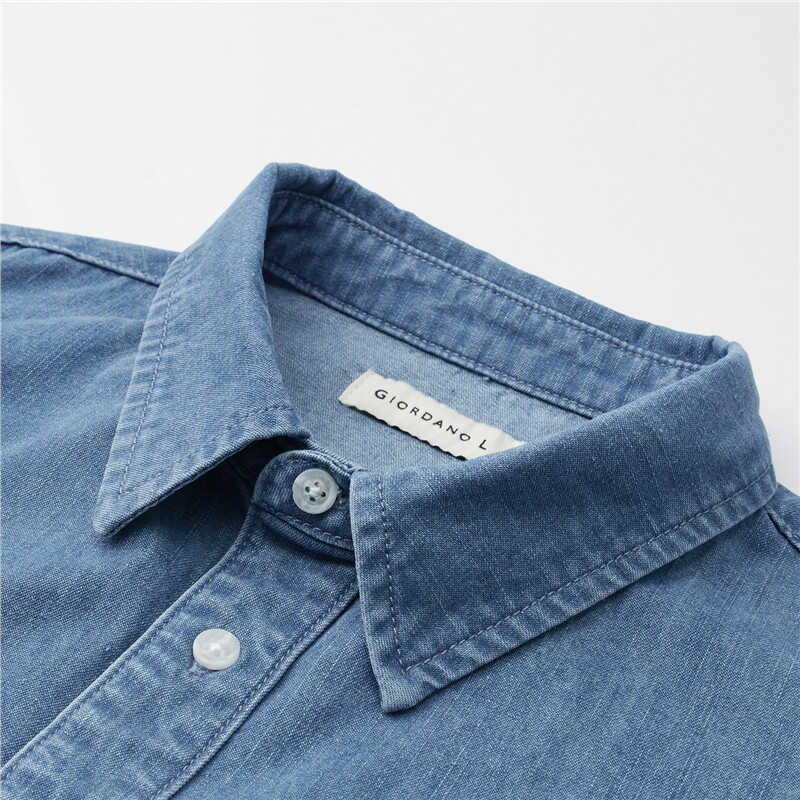 GIORDANO Men Shirts Long Sleeve Solid Color Simple Basic Denim Shirts Button Closure Fashion Casual Denim Shirts 18043608