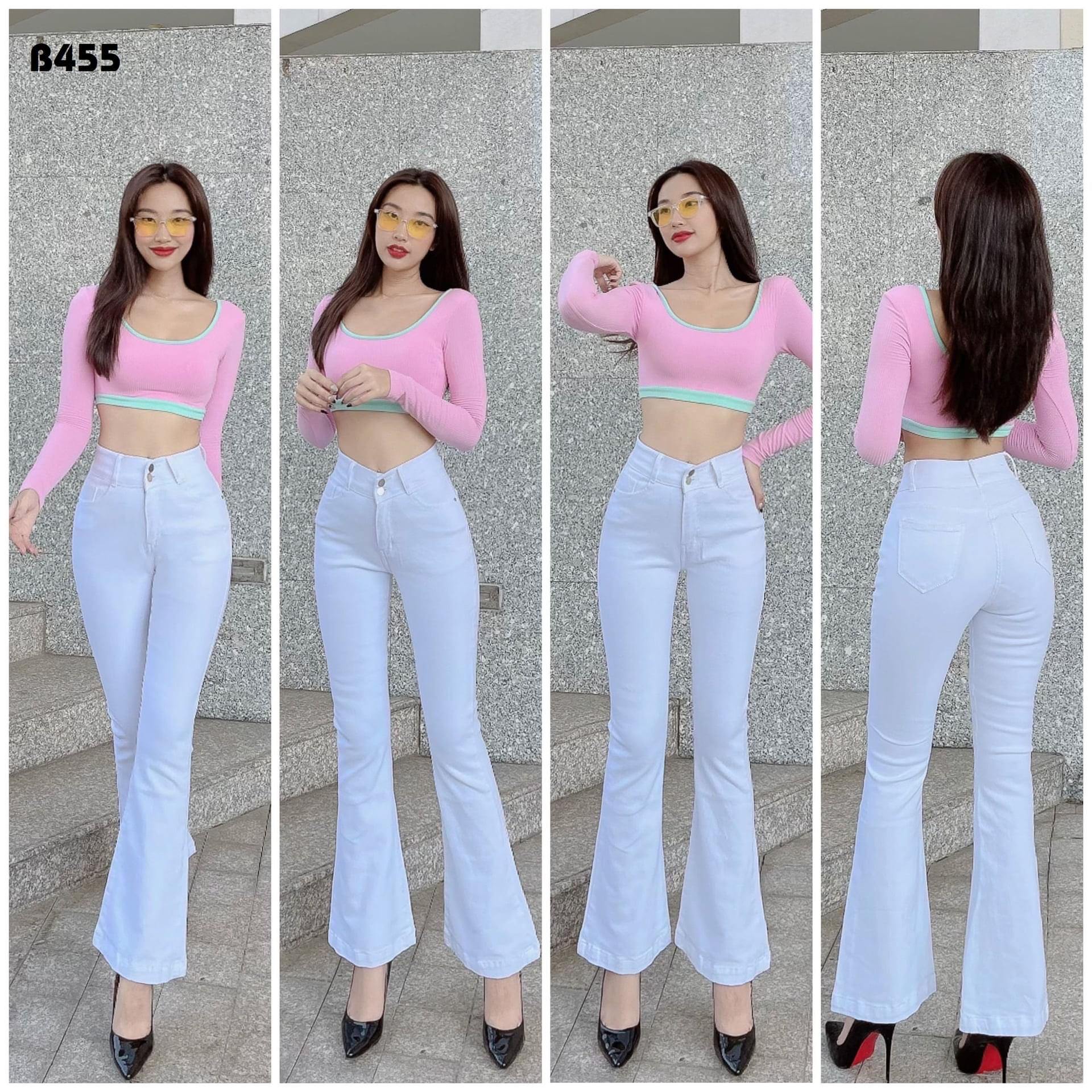 Quần jeans ống loe trắng cao cấp quần loe nữ ống bass co giãn tốt lưng cao
