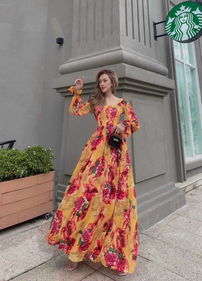 Đầm maxi lụa hoa tay dài đi biển siêu xinh TRIPBLE T DRESS - size M/L - MS72V
