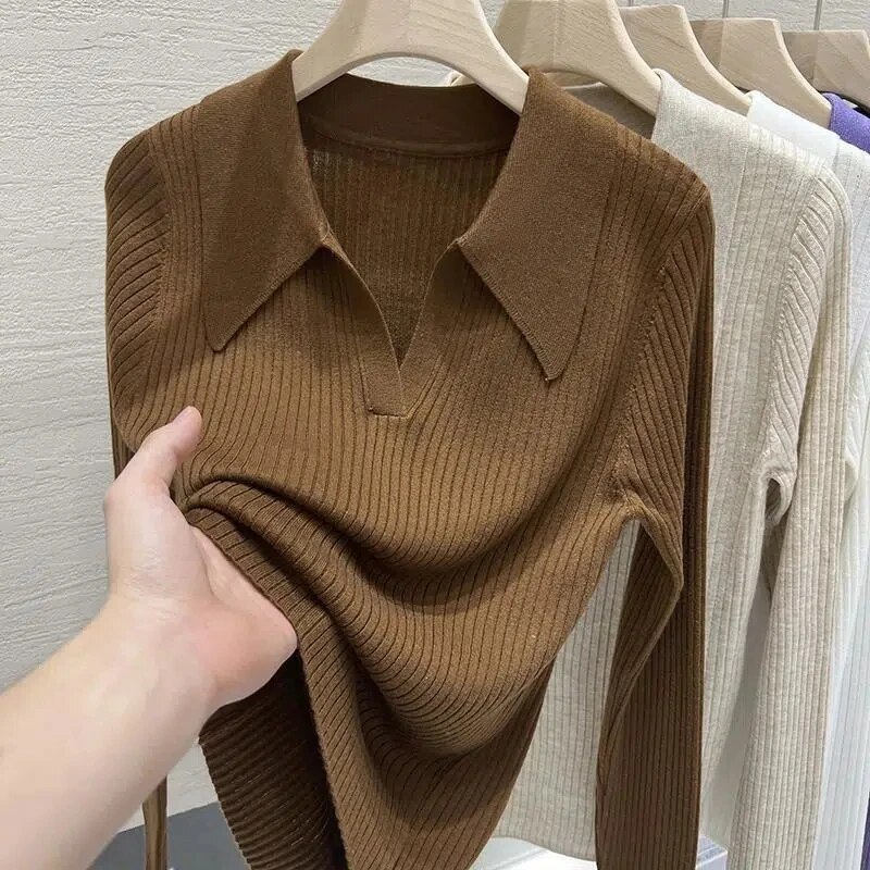 Áo chui đầu nữ dệt kim dài tay dáng ôm cổ Polo mỏng mùa xuân và mùa thu mỏng màu trơn dáng rộng cơ bản