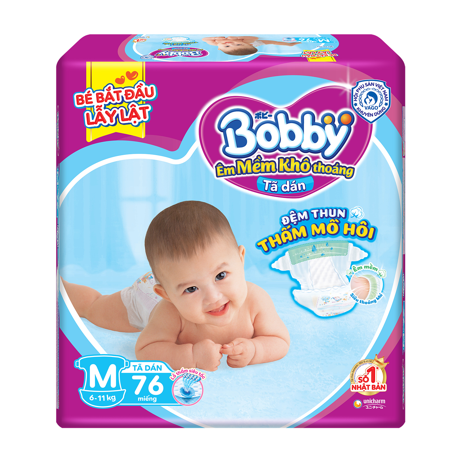 Tã dán Bobby M76 , L68 , XL62 - Đệm lưng thấm mồ hôi (đủ size)