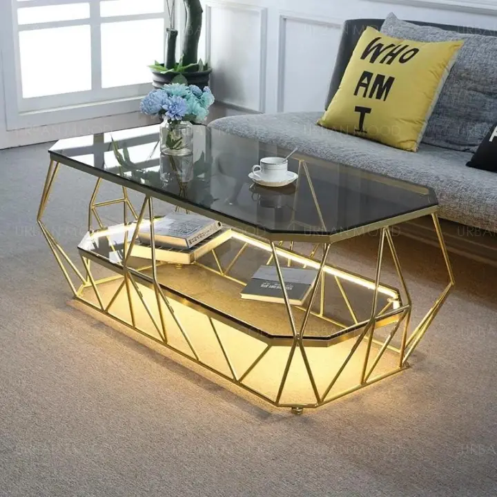 Pre Order Polygon Modern Geometric Glass Gold Coffee Table With Light Deliver In 4 8 Weeks Lazada Singapore