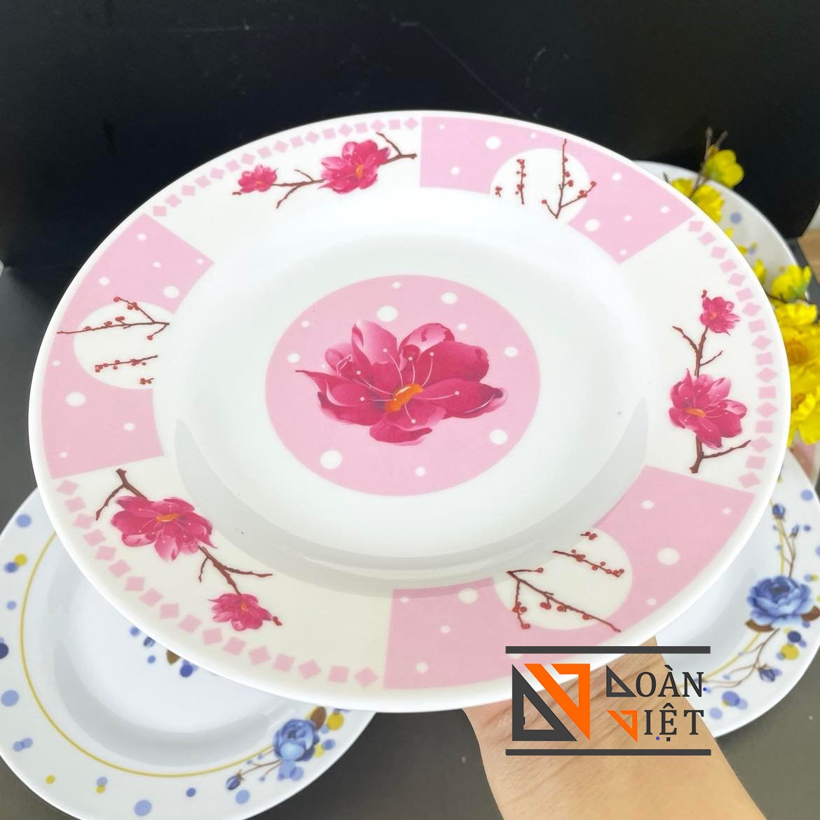 Combo dĩa melamine trắng hoa hồng hoa đào kt 23 cm - dĩa cạn. hàng việt nam chất lượng cao, hoa văn sang trọng nhiều size , màu xanh, hồng