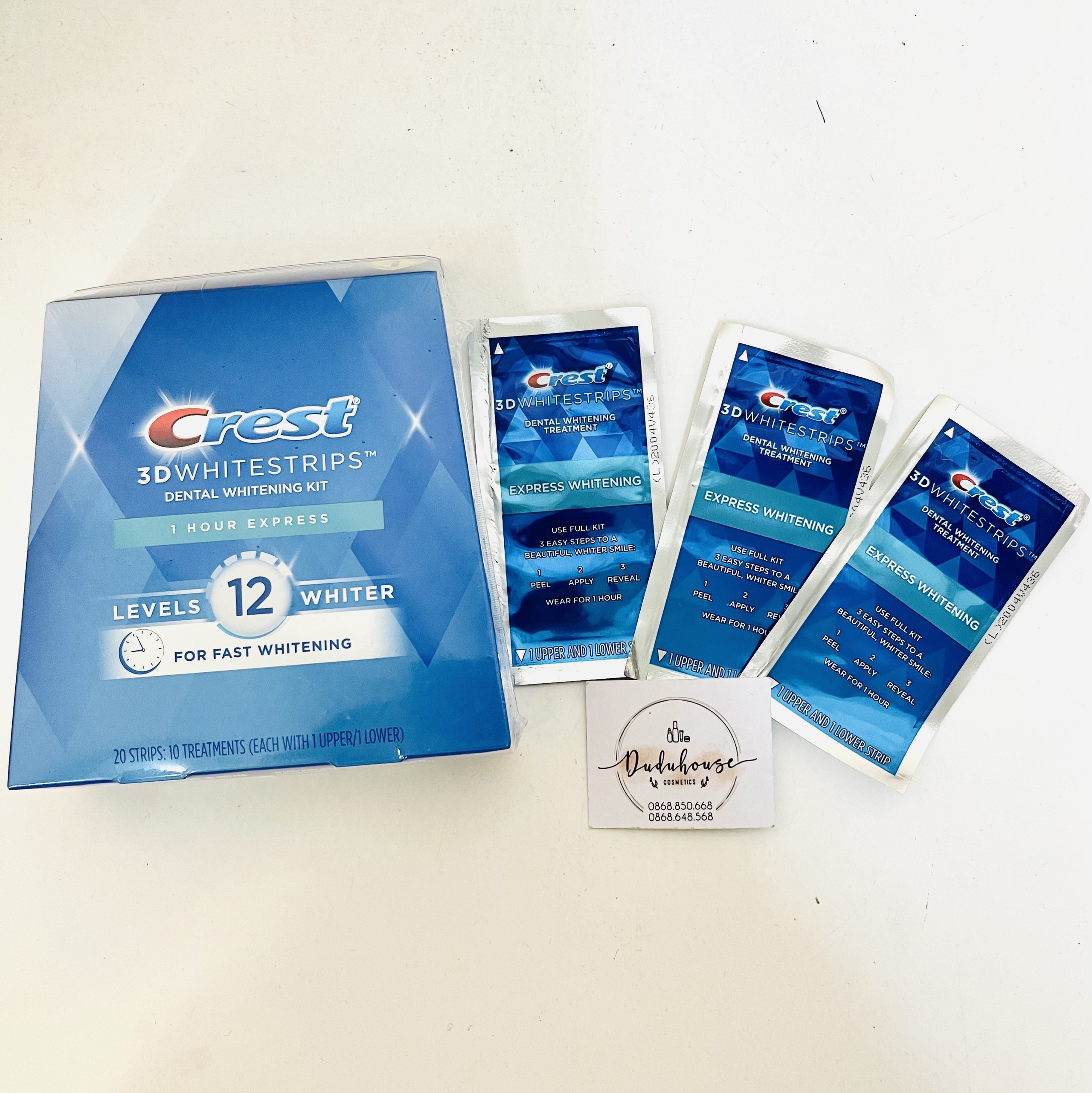 Miếng dán trắng răng Crest 3D White Whitestrips 1 Hour Express Levels 12 Whiter