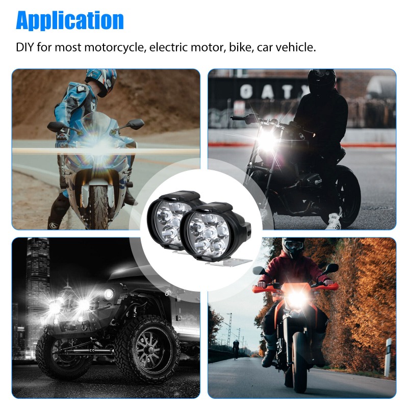 2Pcs 6 LED Motorcycle Headlight Highlights Waterproof Spotlight Auxiliary Spotlight Scooter Working Light with Switch Button