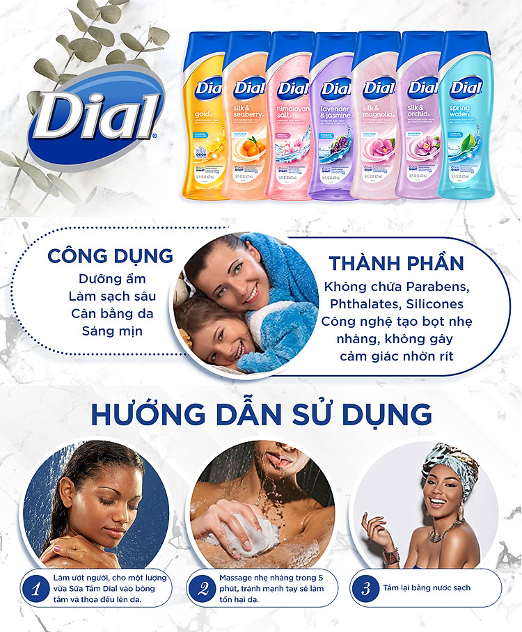 Sữa tắm cấp ẩm và diệt khuẩn Dial Spring Water 473ml