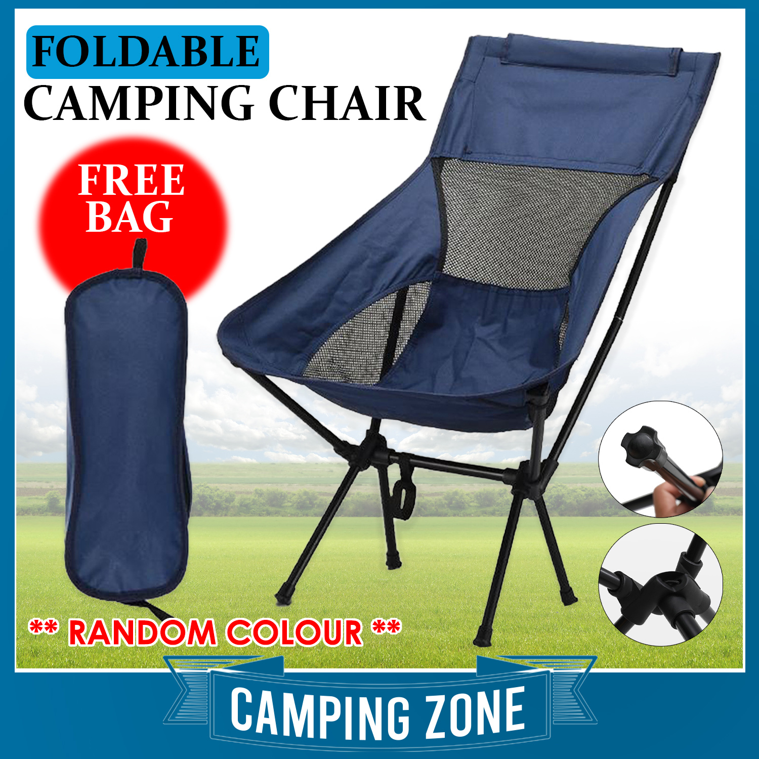 Outdoor Camping Portable Folding Chair with Fishing/Beach/Camping/House/Outing Bag-Blue 