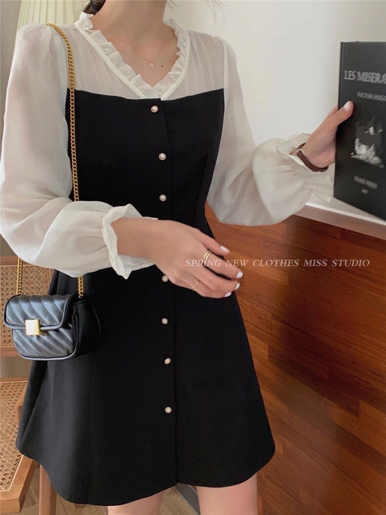 Hani Dress - đầm phối trắng tay dài