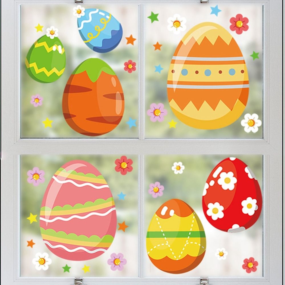 HIROCHAO Plastic Cartoon Easter Egg Window Stickers Static Decorative Easter Window Door Stickers Creative Colorful Carrot Egg Wall Sticker Home
