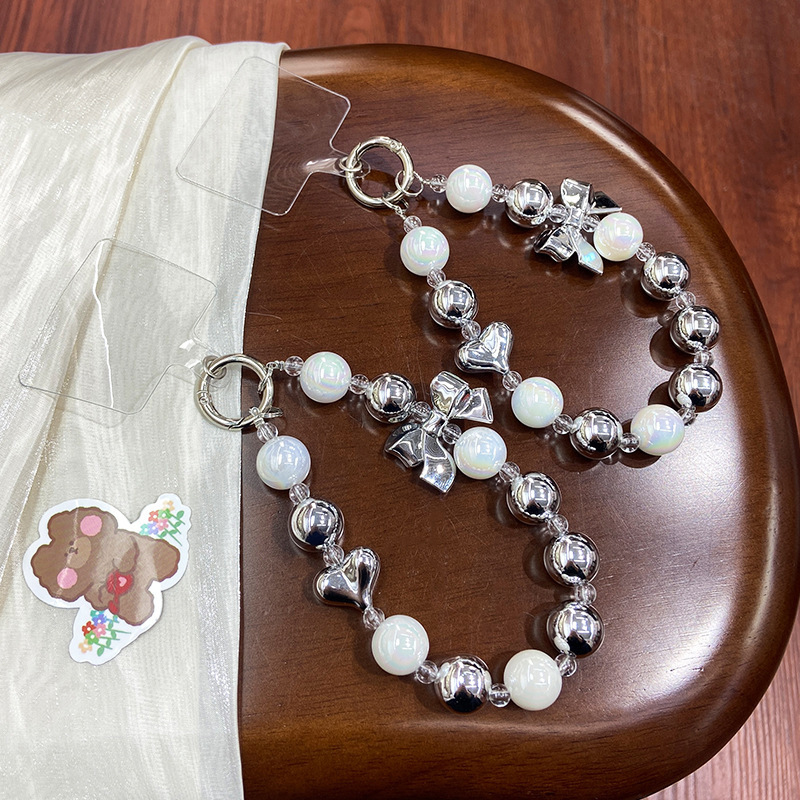 Y2K Silver Bow Beaded Phone Case Lanyard Stylish Bead Phone Chain Wrist Band Anti Lost Phone Strap Earphone Pendant Keychain. 