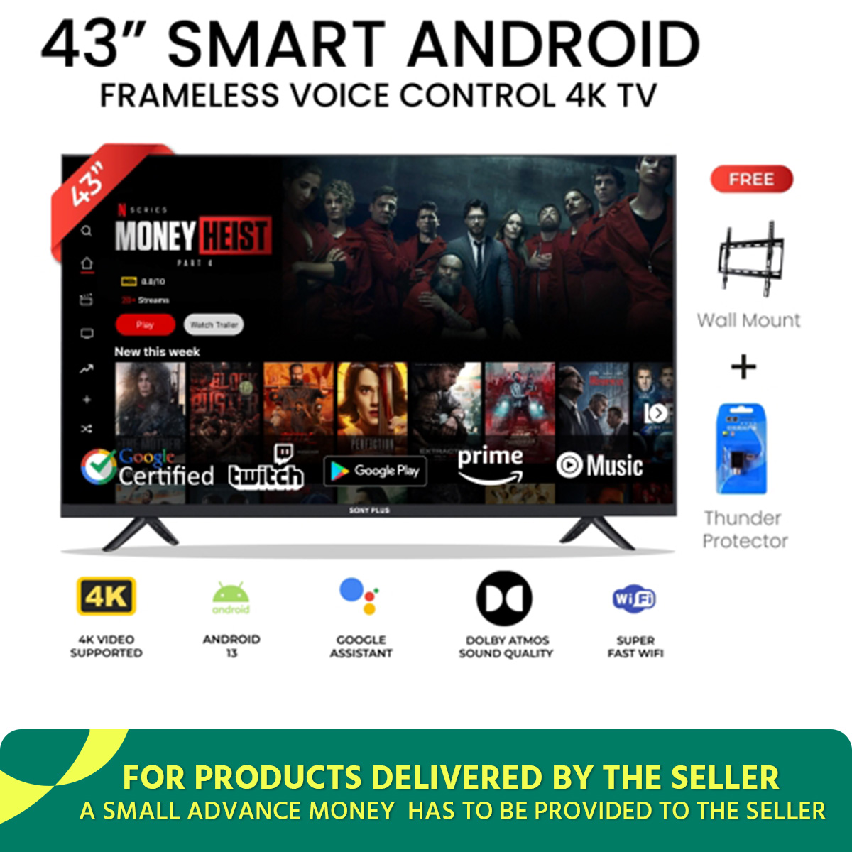 Sony Plus 43 inch Frameless Voice Control Smart LED TV Wi-Fi Full HD 4K Supported Android Television.