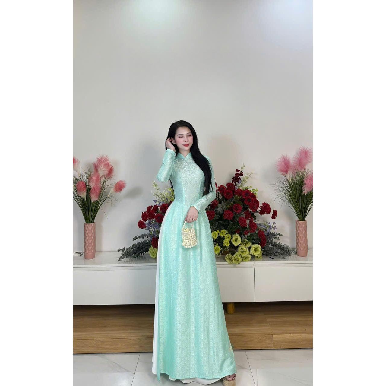 Áo Dài Truyền Thống Gấm Tơ Tằm – Thiết Kế Duyên Dáng, Hoa Nhí Thanh Lịch, Phù Hợp Cho Tết, Lễ, Tiệc – Mieso Store