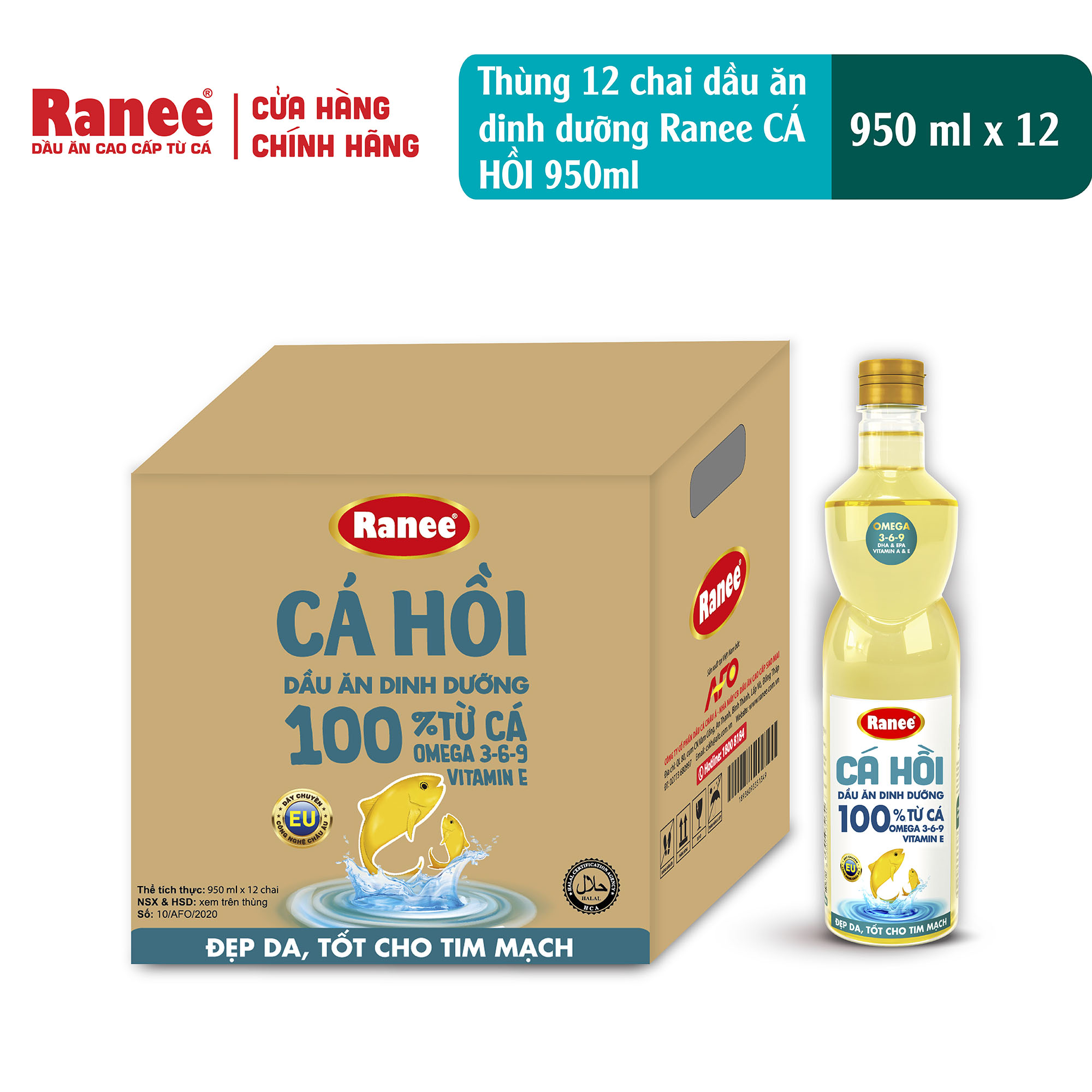 Thùng dầu ăn Ranee Cá Hồi 950ml - 1 lít  (950ml/chai  hoặc 1 lít x 12 chai)