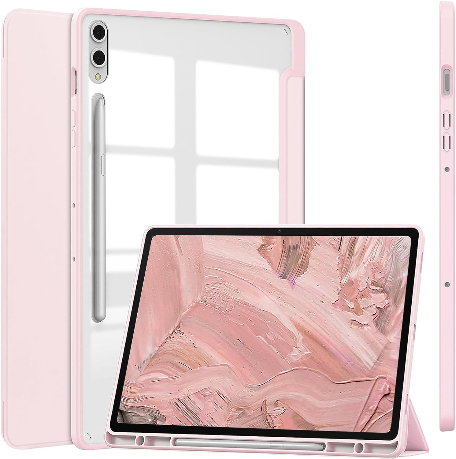 Slim hybrid clear hard back case for samsung galaxy tab s9 plus case 12.4 inch 2023 with s pen holder, shockproof transparent back shell smart auto wake sleep stand flip leather case for samsung tab s9 fe plus case,tab s9 case tab a9 plus case