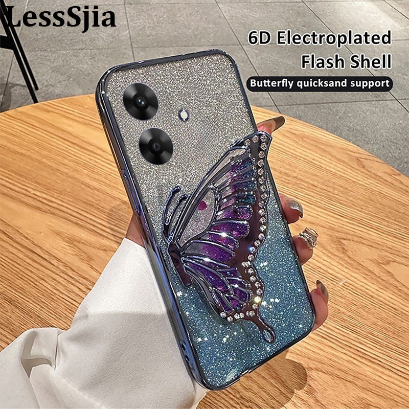 Phone Cover Realme Note 60X Back case Diamonds butterfly holder shiny hourglass of quicksand transparent soft silicone For Realme Note 60X Phone cases.