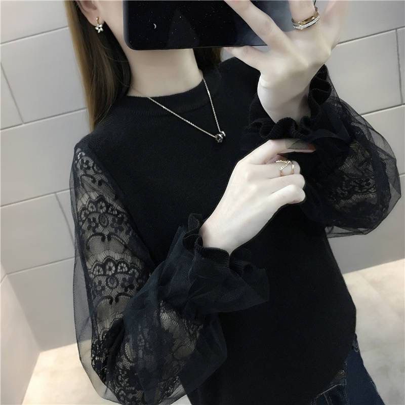 Ladies Loose Korean Mesh Lace Stitching Sweater Short Long Sleeve Joker Sweater Women's Outer Coat