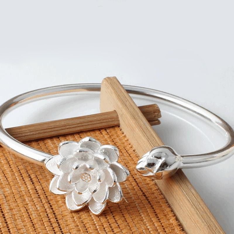 Korea Vòng Tay Charm Hoa Sen Bằng Bạc Vòng Tay Trang Sức Vòng Tay Hở Retro