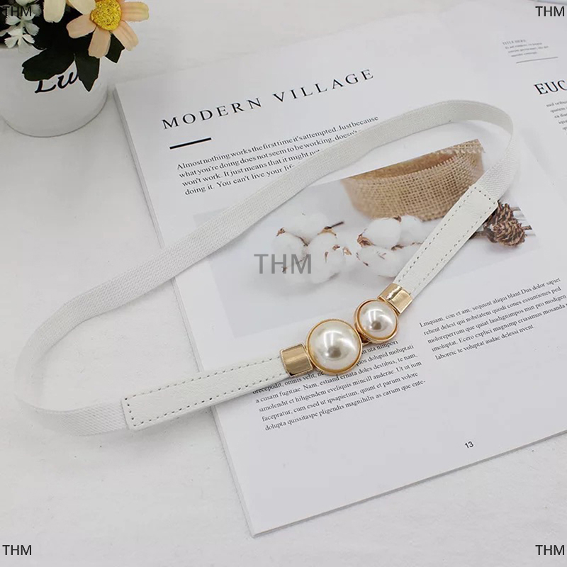THM Ngọc trai khóa vành đai PU da váy váy eo đàn hồi mỏng phụ nữ thắt lưng phụ nữ Dây thắt lưng phụ kiện
