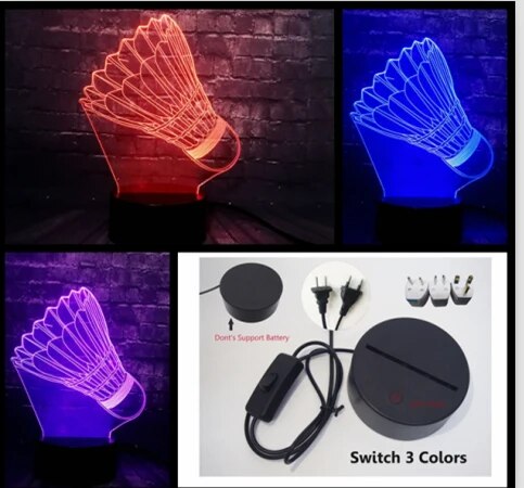 Novel Illusion 3D Sporting Badminton LED 7 Color Change Luster Remote USB