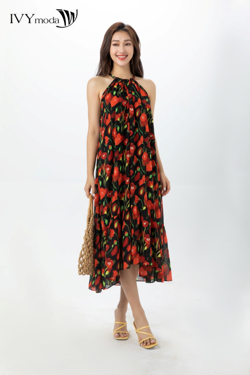 Đầm lụa cổ yếm phối dây sau IVY moda MS 41M7496