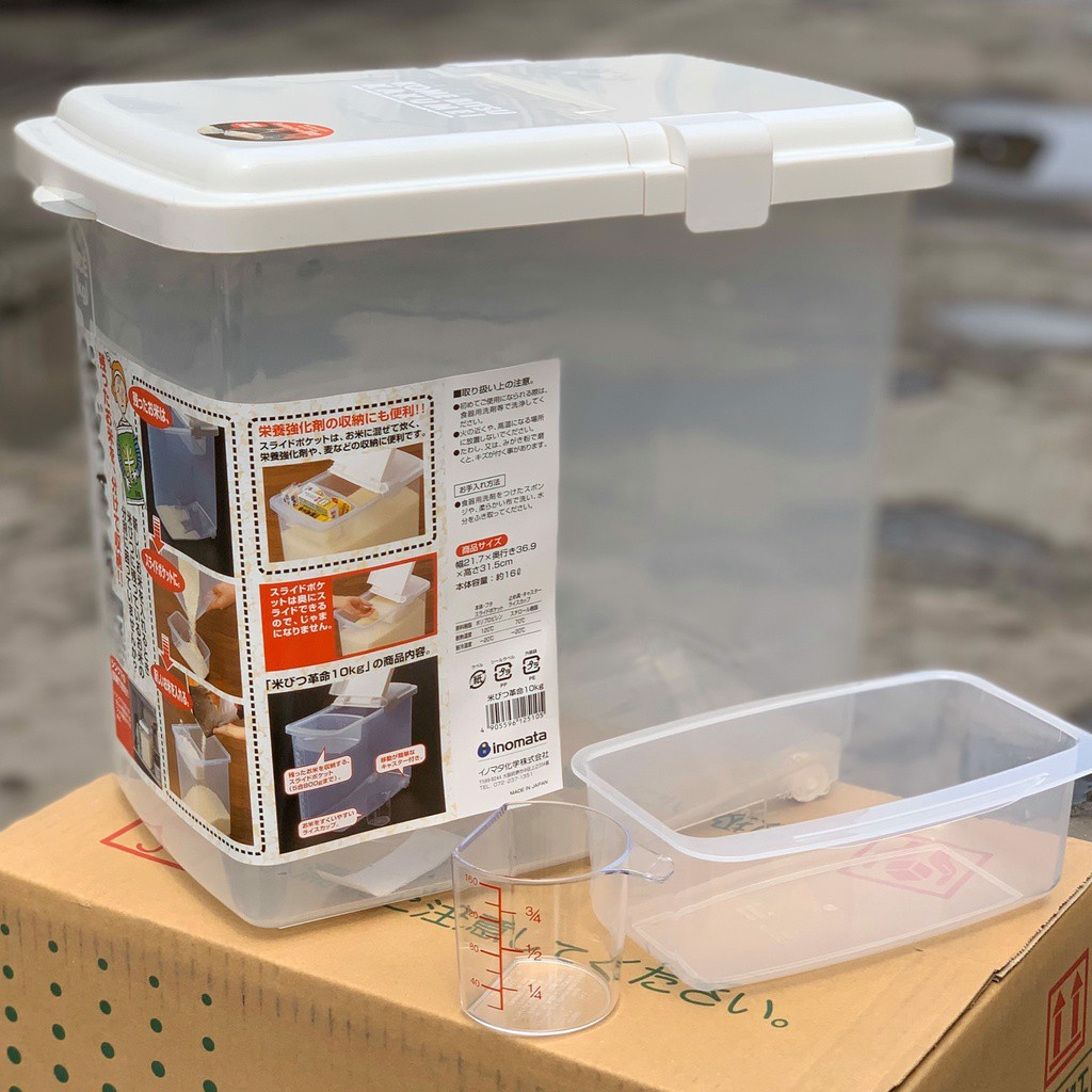 Thùng đựng gạo, thực phẩm INOMATA NHẬT BẢN 10kg nắp bật có bánh xe kháng khuẩn, không chứa BPA, không sinh độc hại