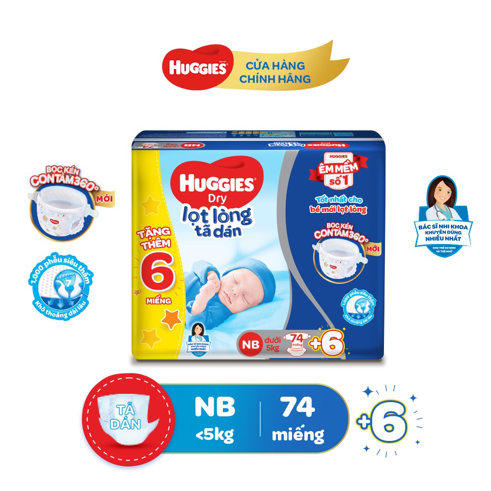 Tã dán sơ sinh Hucgies NB 70 MIẾNG(dưới 5kg) cộng 10 MIẾNG