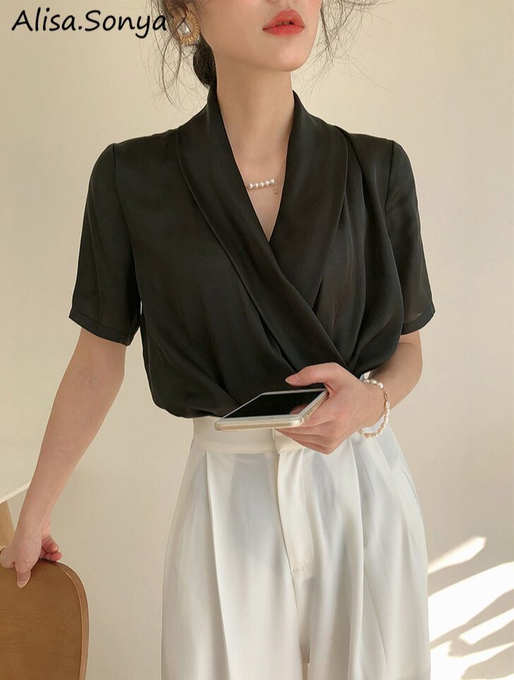 Alisa.Sonya  women elegant formal white korean fashion shirts short sleeve v neck collar imitated silk blouse for women