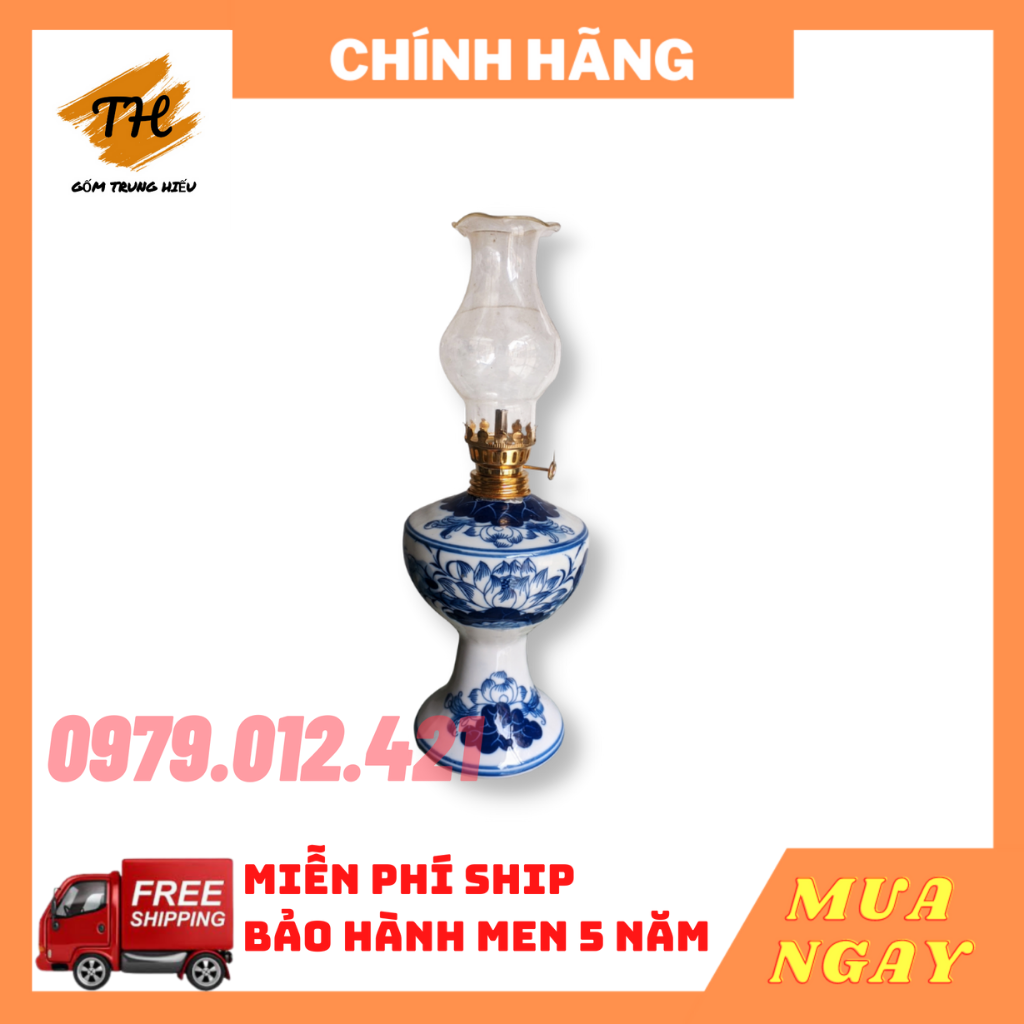 Đèn dầu đèn thờ Bát Tràng men lam cao cấp hoạ tiết hoa Sen để trên bàn thờ