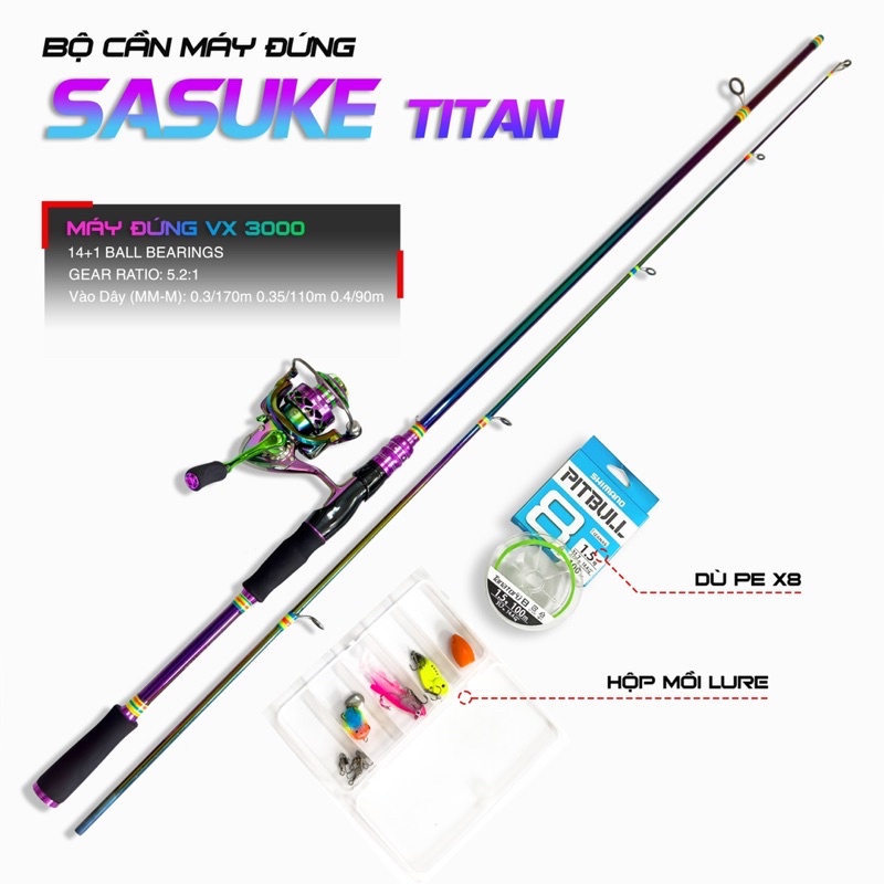 Bộ cần câu lure đứng carbon SaSuKe TiTan máy câu VX 3000 titan tặng bộ mồi câu và dây pe
