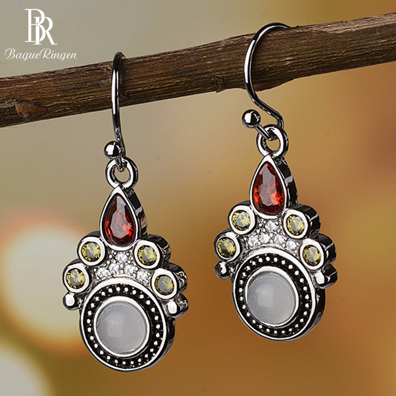 Bague Ringen Vintage Temperat Earrings for Wo Moonstone Water Shaped Ruby Silver 925 Jewelry Anniversary. 