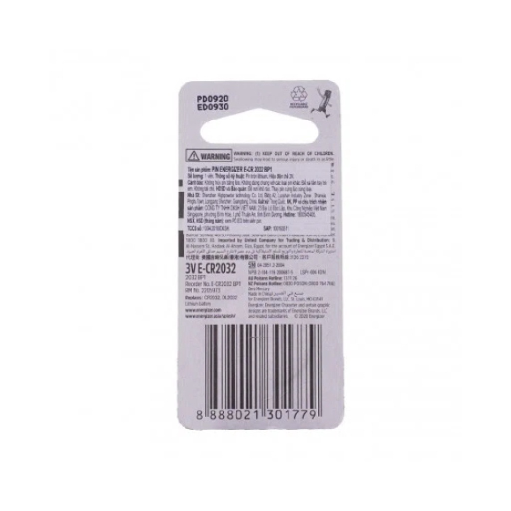 Pin Cúc Áo Energizer Lithium E-CR 2032 BP1 - Vỉ 1 Viên