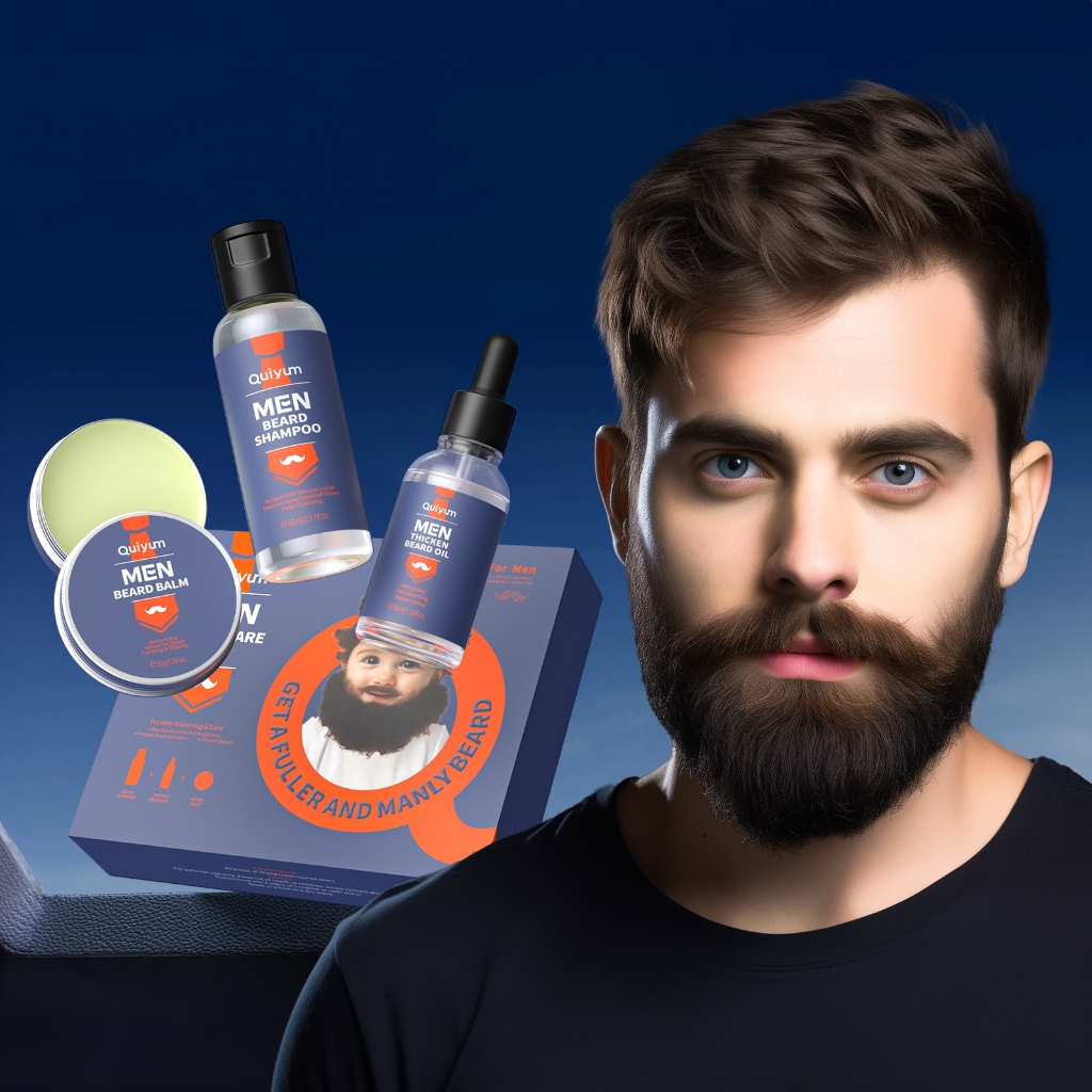 Quiyum Men Beard Care Kit Thicken Beard Oil Cleansing Shampoo Grooming Beard Balm