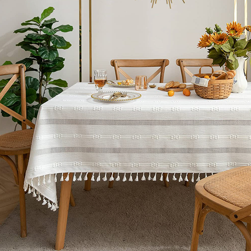 Simple Retro Country Style Solid Color Tablecloth White Embroidered Hollowed-out Polyester-cotton Tassel Tablecloth 140x360cm4/6/8 Seats Rectangular Large-size Tablecloth Used for Dust-proof Cover Cloth of Coffee Table Home Appliances Desks and Sofas.