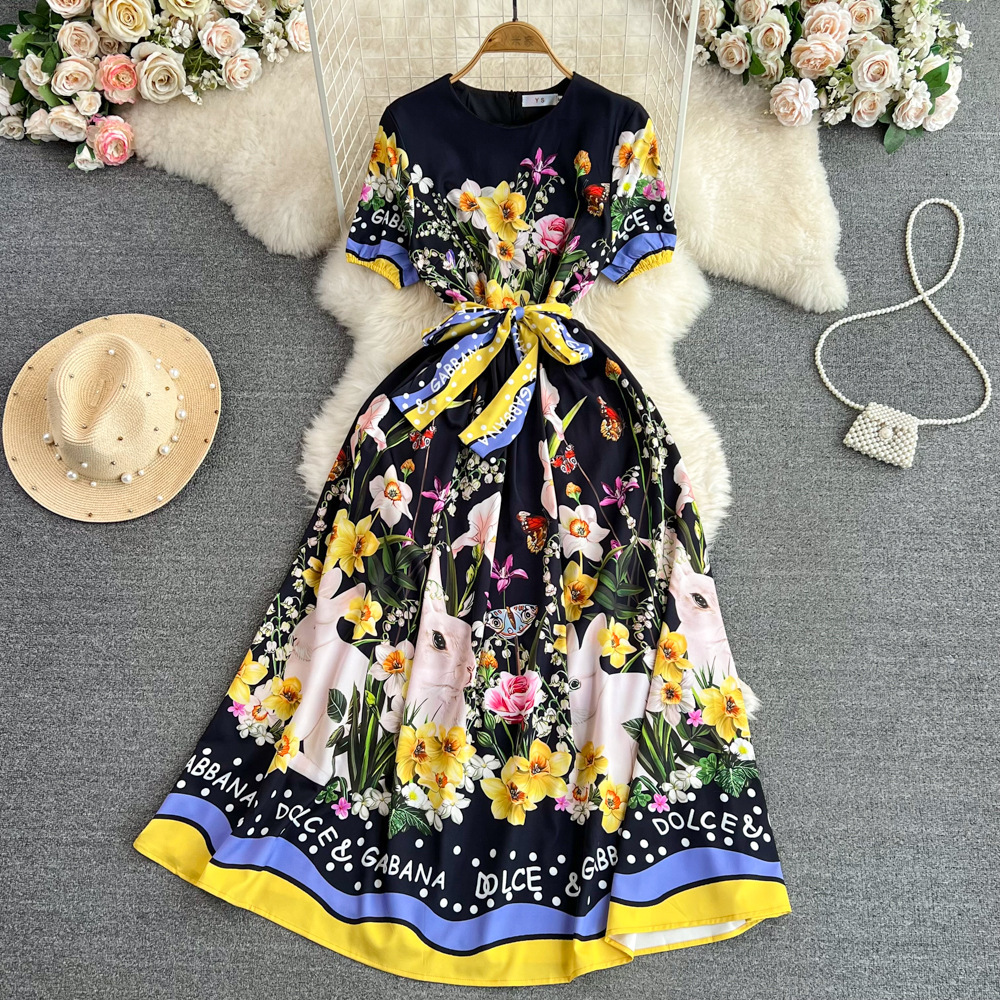 Women Korean Vintage Print Party Vacation Dress Summer Elegant Short Sleeve Round Neck High Waist Slim Bowtie A-line Dresses