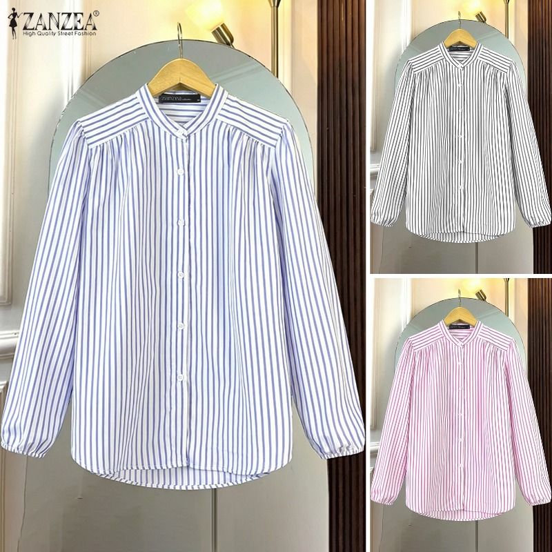 ZANZEA%20Women%20Streetwear%20Fashion%20Long%20Sleeve%20Stripe%20Contrast%20Color%20Shirt%20Crew%20Neck%20OL%20Work%20Top%20#0209%20-%20Image%204