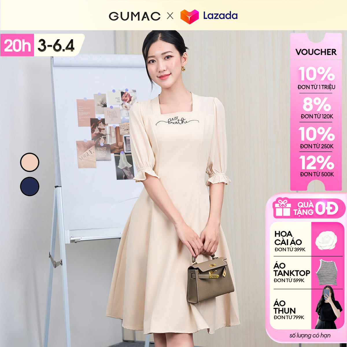[15 - 17.6 |Voucher 8-15%] Đầm nữ GUMAC, Đầm nữ thêu just breathe LDE0405