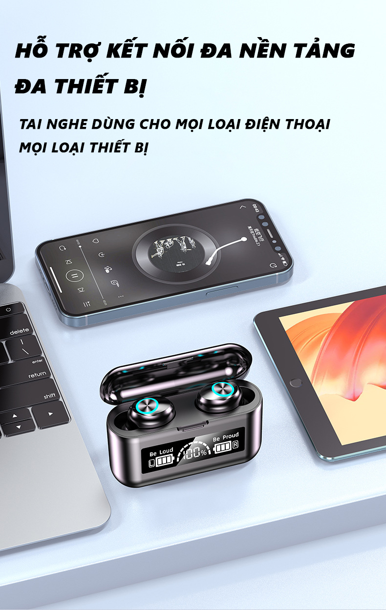 Tai nghe bluetooth 5.1 F9 Pro tích hợp màn hình LED kĩ thuật số, điều khiển cảm ứng thông minh, hộp sạc kiêm sạc dự phòng, giá đỡ điện thoại