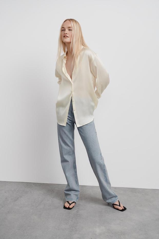 Áo sơ mi nữ dài tay lụa bóng cổ đức vạt tròn ZARA