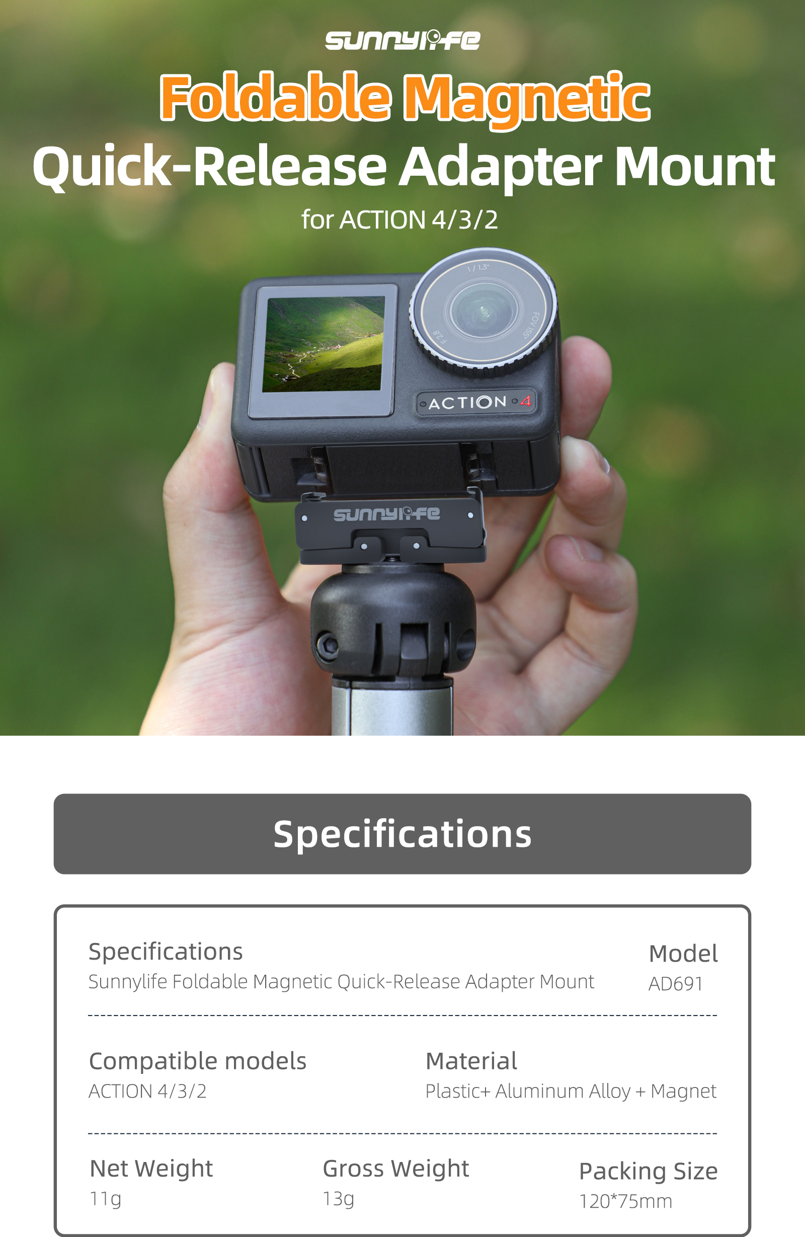 For DJI OSMO ACTION4/3/2 Quick Release Adaptor Foldable Quick Release Plate Expansion Accessory