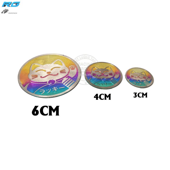 Tem titan logo mèo thần tài đường kính 3cm, 4cm, 6cm hình tròn có sẵn keo dán